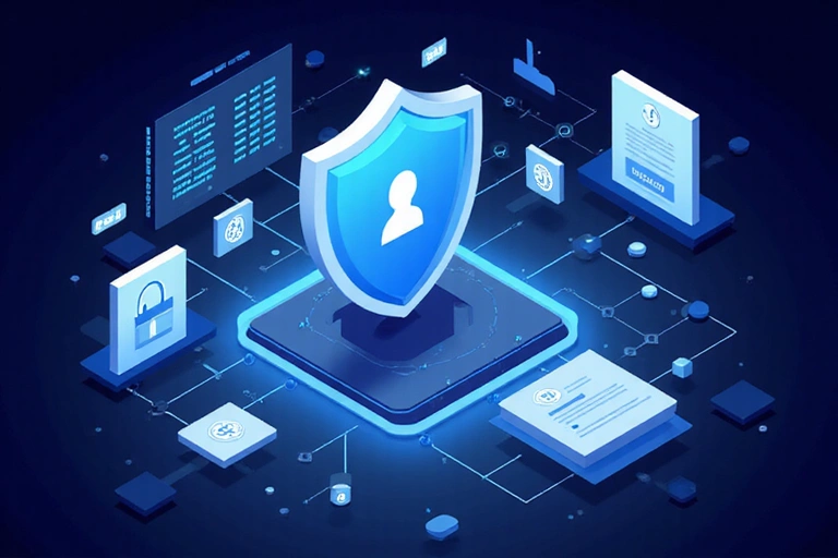 Ilustrace zabezpečení dat se štítem a ikonami zámku